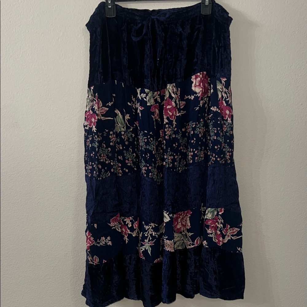 Vintage CM Shapes Floral Patchwork and Velvet Skirt - Navy and Pink